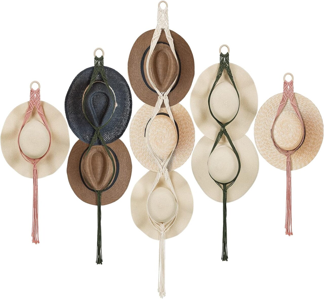 5-Pack Boho Macrame Wall Hat Hangers – Handwoven Cowboy Hat Holders, Western-Style Wall Mount Rack, 3 Sizes & Colors for Home Storage and Decor